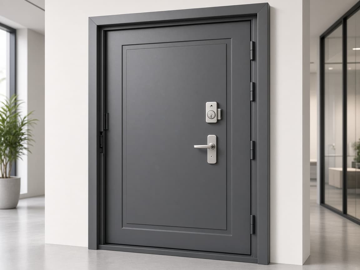 Charcoal steel security door in a showroom